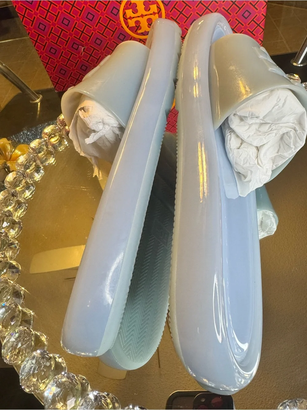 Tory Burch Women's Bubble Jelly SlidesIn Blue. Size  10